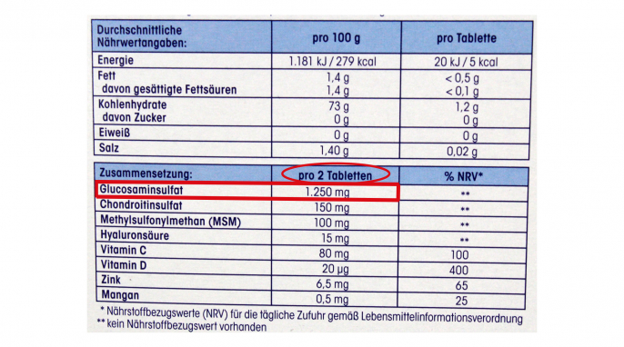Nährwerttabelle, dm Mivolis Glucosamin 1.250 Nährstoff-Komplex 
