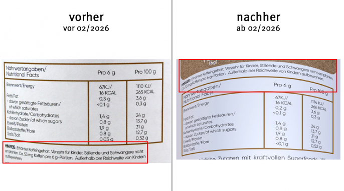 alt: Platzierung Warnhinweis Koffein, Volksshake Morgenkraft, vor Februar 2026; neu: ab Februar 2026, Herstellerfoto 