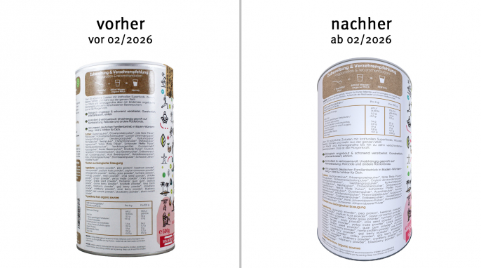 alt: Rückseite, Volksshake Morgenkraft, vor Februar 2026; neu: ab Februar 2026, Herstellerfoto 