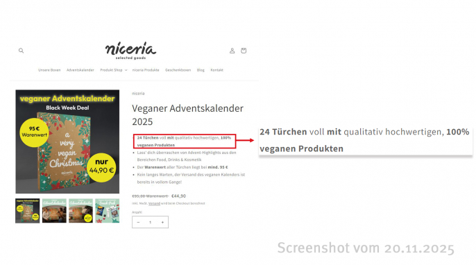 Angebot, Niceria Adventskalender A very vegan Christmas, Niceria.de, 20.11.2025