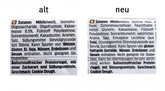 alt und neu, Bezeichnung + Zutaten, AS all stars Clean Bar High Protein Cookie Dough