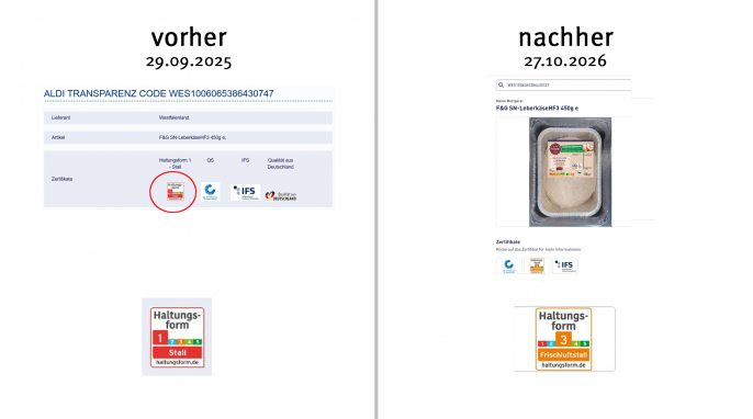 alt: Ergebnis ATC WES 1006065386430747, Transparenz.aldi.de, 29.09.2025; neu: 27.10.2025