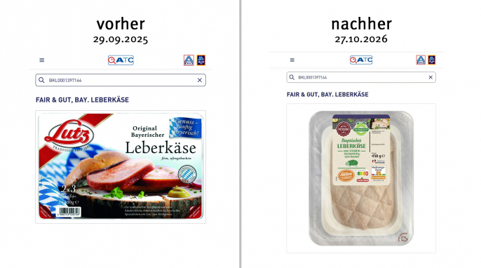 alt: Ergebnis ATC BKL0001397144, Transparenz.aldi.de, 02.10.2025; neu: 27.10.2025