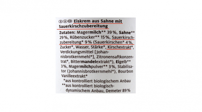 Bezeichnung und Zutaten, Schrozberger Amarena Kirsch Eis