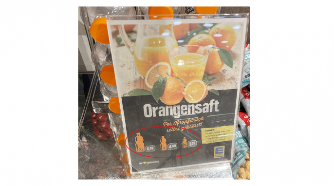 Edeka Südwest, Filiale Alzenau, Orangensaft „per Knopfdruck selbst gepresst“, 20.04.2023 