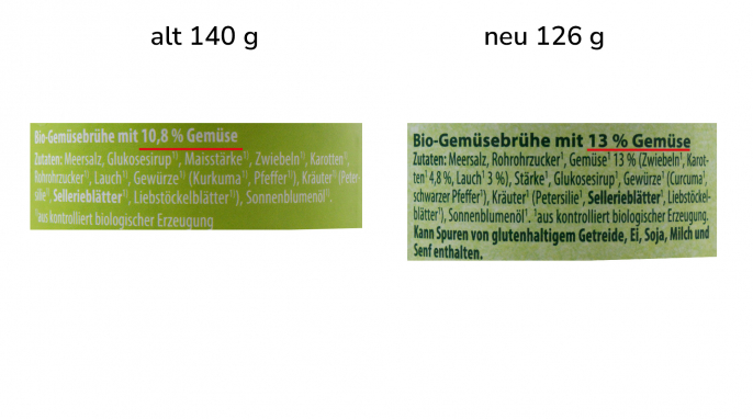 alt: Zutaten, Aldi GutBio Gemüsebrühe, 140 g; neu: Aldi Bio Gemüsebrühe, 126 g