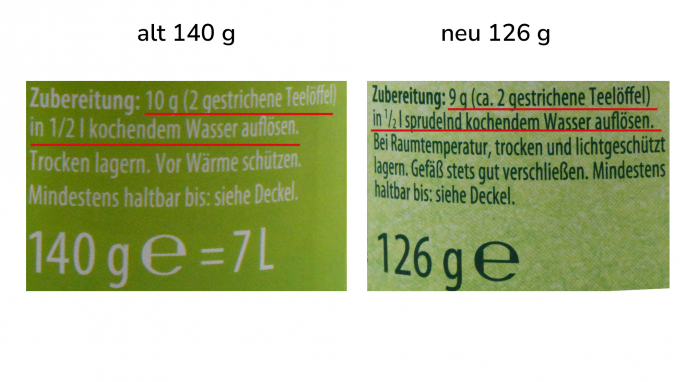 alt: Zubereitung, Aldi GutBio Gemüsebrühe, 140 g; neu: Aldi Bio Gemüsebrühe, 126 g