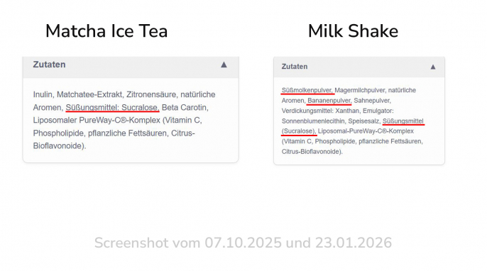 Zutaten, Matcha Ice Tea Golden Calm + Milk Shake Banana, Drinkbetta.de, 07.10.2025 und 23.01.2026