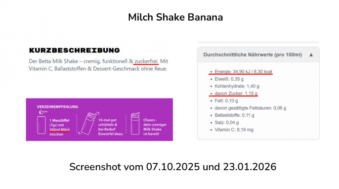 Werbung zuckerfrei + Nährwerte, Milch Shake Banana, Drinkbetta.de, 07.10.2025 und 23.01.2026