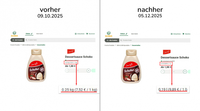 alt: Angebot, Jeden Tag Dessertsauce Schoko, Produkte.globus.de, 09.10.2025; neu: 05.12.2025 alt: Angebot, Jeden Tag Dessertsauce Schoko, Produkte.globus.de, 09.10.2025; neu: 05.12.2025