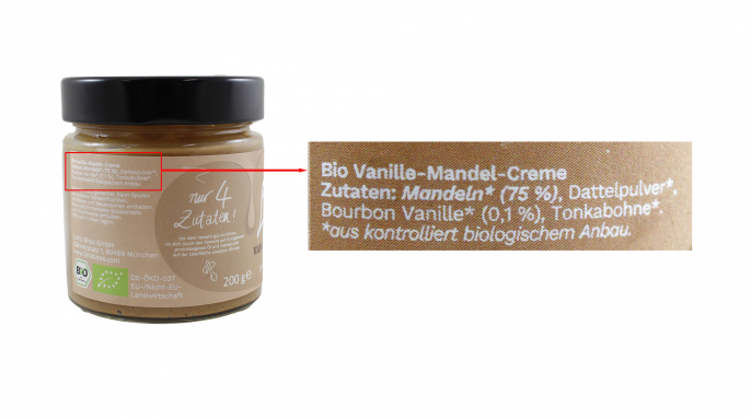 Zutaten und Bezeichnung, Lini’s Bites Vanilla Almond Cookie Spread