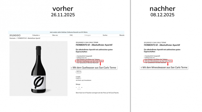 alt: Angebot, Fermento Ø Alkoholfreier Aperitif, Shop.Splendido-Magazin.de, 26.11.2025; neu: 08.12.2025 alt: Angebot, Fermento Ø Alkoholfreier Aperitif, Shop.Splendido-Magazin.de, 26.11.2025; neu: 08.12.2025