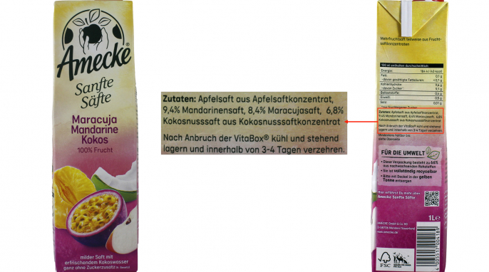 Zutaten, Amecke Sanfte Säfte, Beispiel Sorte Maracuja Mandarine Kokos, 2026 Zutaten, Amecke Sanfte Säfte, Beispiel Sorte Maracuja Mandarine Kokos, 2026