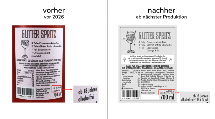 alt: Alkoholhinweis, Glitter Spritz Aperitivo Alkoholfrei, vor 2026; neu: ab nächster Produktion, Herstellerfoto alt: Alkoholhinweis, Glitter Spritz Aperitivo Alkoholfrei, vor 2026; neu: ab nächster Produktion, Herstellerfoto