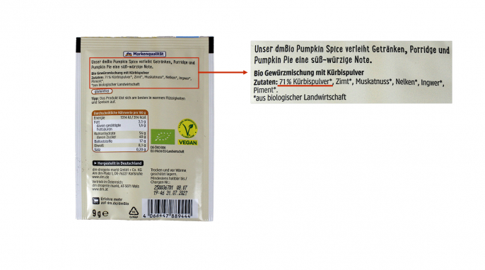 Bezeichnung und Zutaten, dm Bio Pumpkin Spice