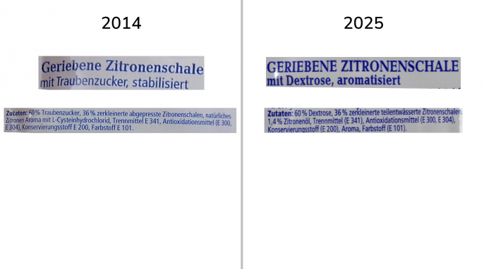 Bezeichnung und Zutaten, Dr. Oetker Finesse Geriebene Zitronenschale