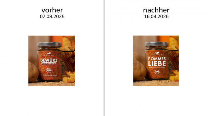 alt: Angebot, Gewürz Pommes Liebe, besserimglas.de, 07.08.2025; neu: 16.04.2026