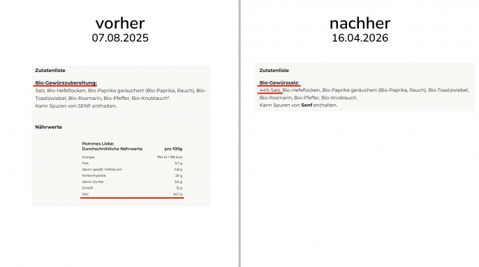 alt: Angebot, Gewürz Pommes Liebe, besserimglas.de, 07.08.2025; neu: 16.04.2026