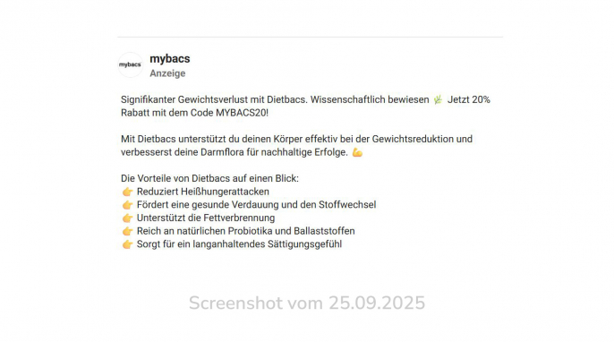 Anzeige, Mybacs, Facebook.com, 25.09.2025 Anzeige, Mybacs, Facebook.com, 25.09.2025