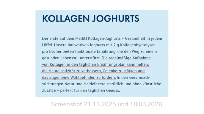 Beschreibung, YöMilch Joghurt mit Kollagen, Yomilch.de, 21.11.2025 und 18.03.2026