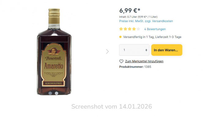 Angebot, Beneventi Amaretto Alkoholfrei, xxl-drinks.de, 14.01.2026