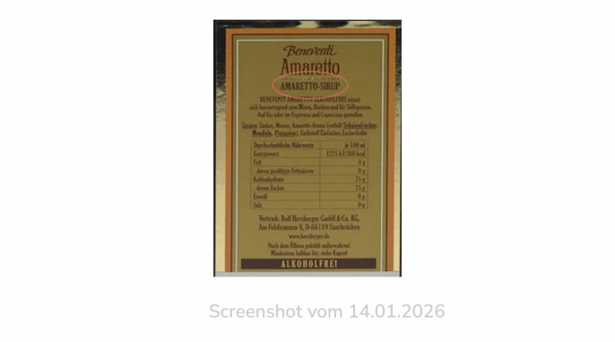Rückseite, Beneventi Amaretto Alkoholfrei, xxl-drinks.de, 14.01.2026