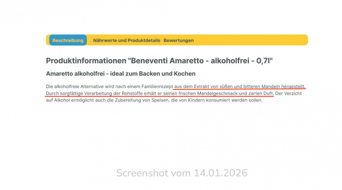 Beschreibung, Beneventi Amaretto Alkoholfrei, xxl-drinks.de, 14.01.2026
