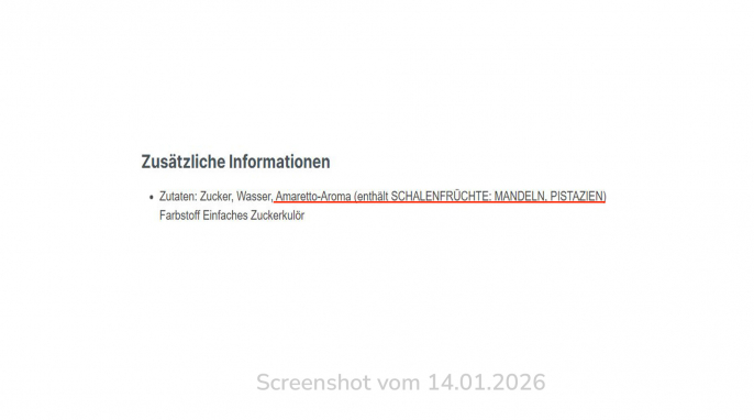 Zutaten, Beneventi Amaretto Alkoholfrei, xxl-drinks.de, 14.01.2026