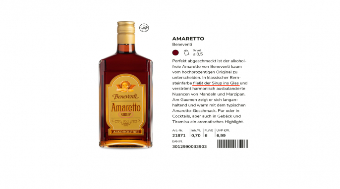 Angebot, Beneventi Amaretto Sirup Alkoholfrei, Herzberger Angebotskatalog 2025/26, S. 155
