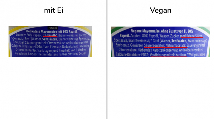 Bezeichnungen + Zutaten, Kania Delikatess, mit Ei und vegan