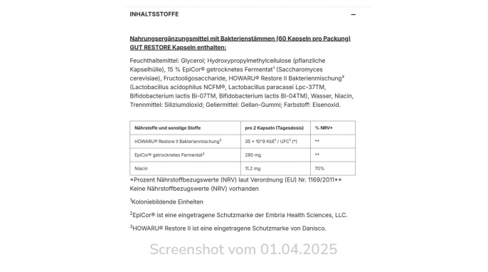 Zutaten, Gut restore Kapseln, brain-effect.com, 01.04.2025 Zutaten, Gut restore Kapseln, brain-effect.com, 01.04.2025
