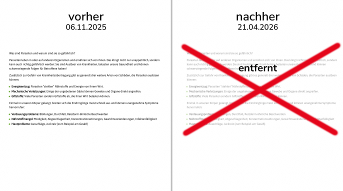 alt: Beschreibung, Parasitenkur, purazell.de, 11.08.2025; neu: 21.04.2026 alt: Beschreibung, Parasitenkur, purazell.de, 11.08.2025; neu: 21.04.2026