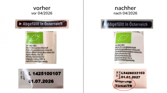alt: Herkunftsinformationen, Dm Bio Erdbeerscheiben, vor 04/2026; neu: ab 04/2026