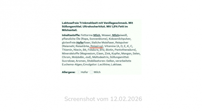 Zutatenliste, YFood smooth vanilla, yfood.com, 12.02.2026 Zutatenliste, YFood smooth vanilla, yfood.com, 12.02.2026