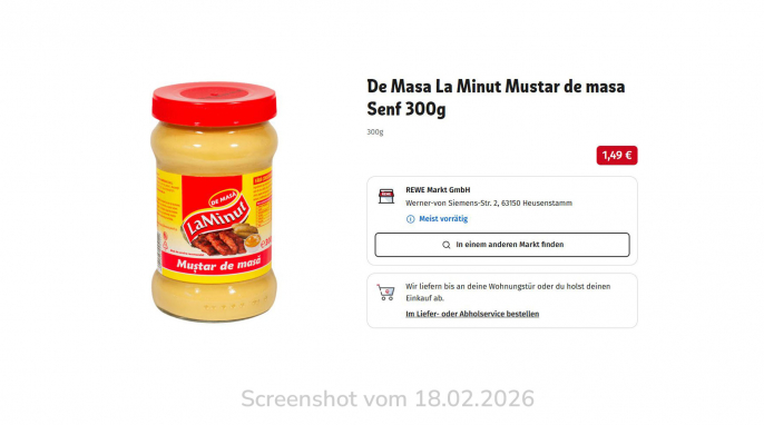 Preisangabe, Senf Angebot Beispiel De Masa La Minut, rewe.de, 18.02.2026