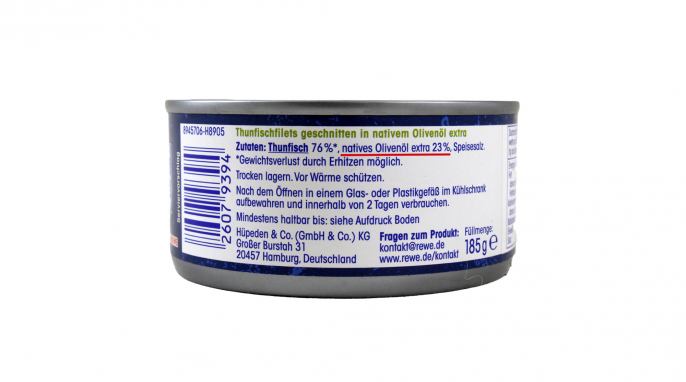 Zutatenverzeichnis, ja! Thunfisch Filets in nativem Olivenöl extra 