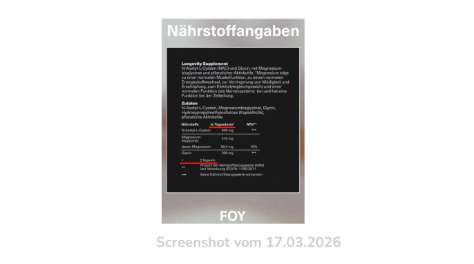 Nährwerte und Verzehrsempfehlung, Foy Fountain of Recovery, foy.life, 17.03.2026
