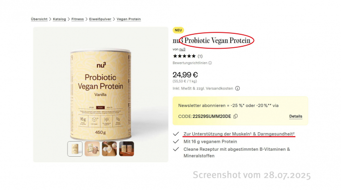 Nu3 Probiotic Vegan Protein, nu3.de, 28.07.2025