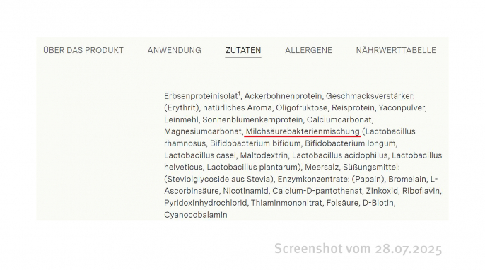 Zutaten, Nu3 Probiotic Vegan Protein, nu3.de, 28.07.2025