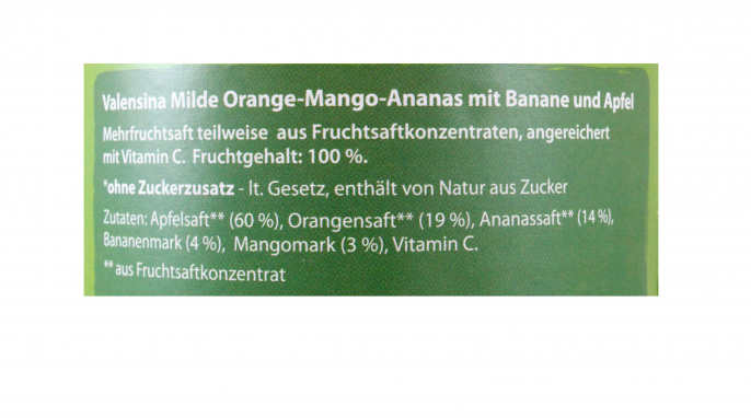 Zutaten, Valensina „Orange-Mango-Ananas“ Zutaten, Valensina „Orange-Mango-Ananas“