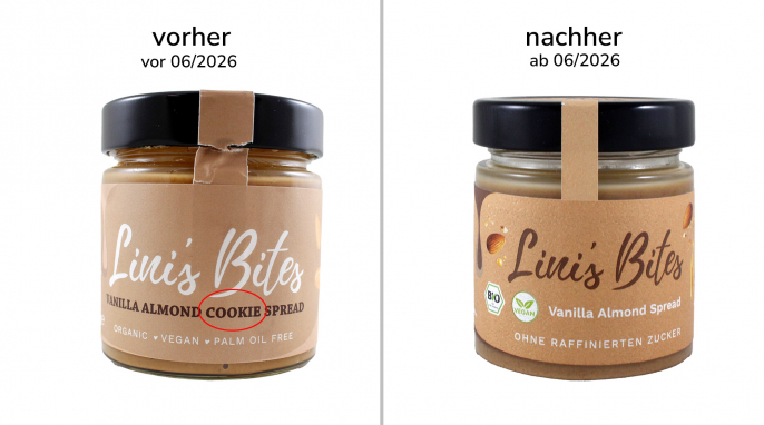 alt:Lini’s Bites Vanilla Almond Cookie Spread, vor 06/2026; neu: ab 06/2026