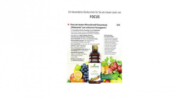 Anzeige „80 elements“, Focus, Frühjahr 2026 