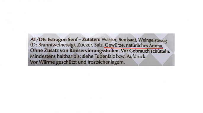 Zutaten, Mautner Estragonsenf Zutaten, Mautner Estragonsenf