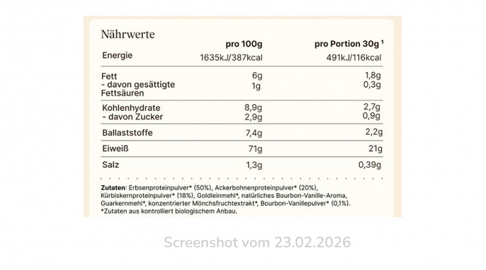 Zutaten, Vegan Protein Vanille, vetain.de, 23.02.2026 Zutaten, Vegan Protein Vanille, vetain.de, 23.02.2026