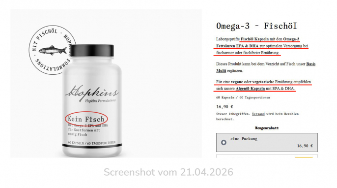 Angebot, Hopkins Kein Fisch Kapseln, hopkinsformulations.de, 21.04.2026 Angebot, Hopkins Kein Fisch Kapseln, hopkinsformulations.de, 21.04.2026