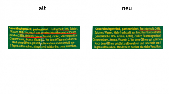 Bezeichnung + Zutaten, Pfanner Kirsche Amarena, alt und neu Bezeichnung + Zutaten, Pfanner Kirsche Amarena, alt und neu