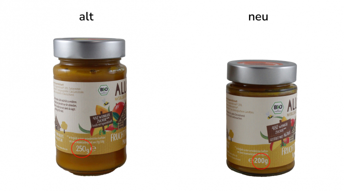 Füllmenge, Allos Frucht Pur 75 % Mango, 250 und 200 g Doppelbild der Deckelaufsicht aus Einzelbildern Füllmenge, Allos Frucht Pur 75 % Mango, 250 und 200 g Doppelbild der Deckelaufsicht aus Einzelbildern