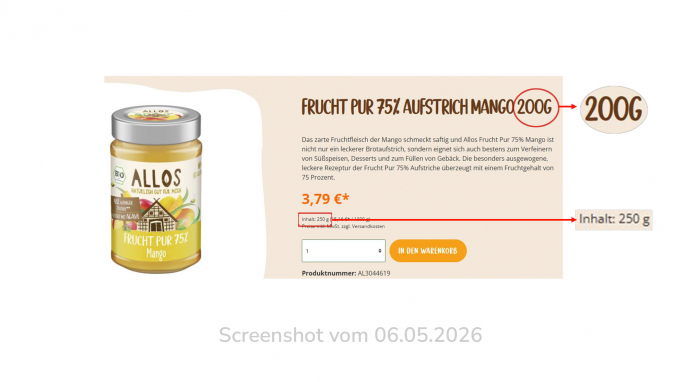 Angebot, Frucht Pur 75 % Aufstrich Mango, allos.shop.de, 06.05.2026 Angebot, Frucht Pur 75 % Aufstrich Mango, allos.shop.de, 06.05.2026