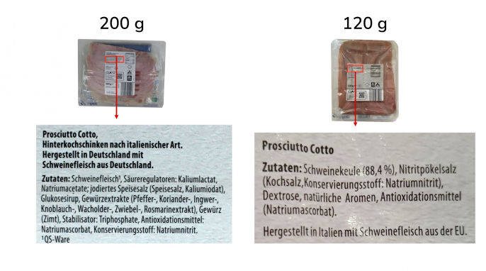 Bezeichnung und Zutaten, Cucina Prosciutto Cotto, 200 und 120 g Bezeichnung und Zutaten, Cucina Prosciutto Cotto, 200 und 120 g