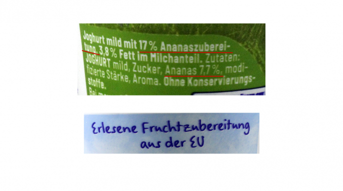 Zutaten + Herkunft, Ehrmann Almighurt Ananas
